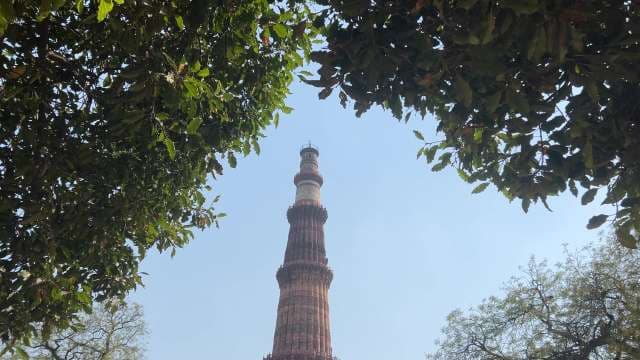 Majestic Qutub Minar Framed by Lush Green Foliage