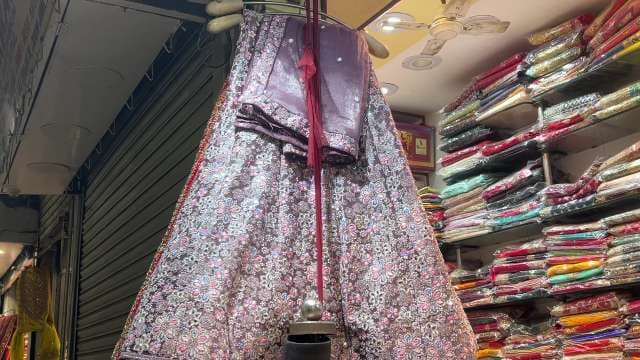 Elegant Embroidered Lehenga Display in Indian Boutique