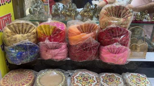 Colorful Rajasthani Turbans Displayed at Local Market Shop