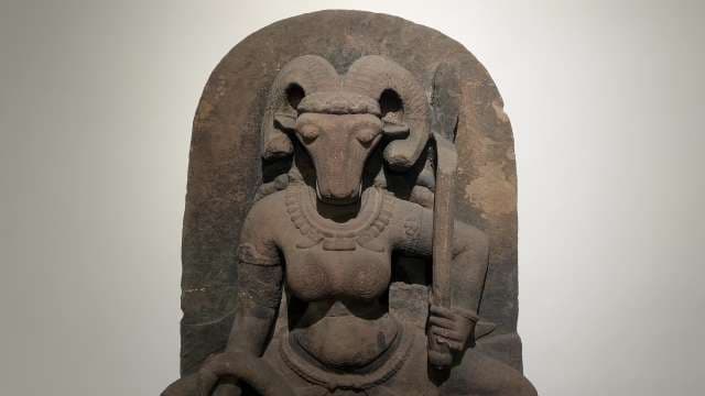 Ancient Indian Stone Sculpture of Ram-Headed Deity