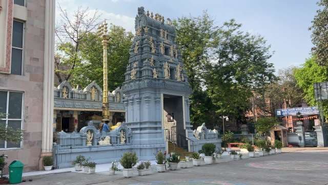 Hindu Temple Entrance With Ornate Gopuram in Delhi
