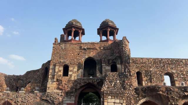 Ancient Stone Fort Gateway With Domed Towers in Delhi