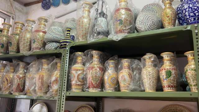 Intricately Hand-Painted Indian Marble Vases and Ceramics Display