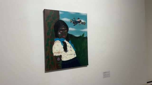 Surrealist Portrait with Multiple Eyes and Flying Figures