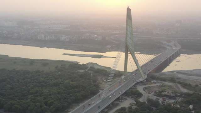Sunset Drone View of Signature Cable-Stayed Bridge in Delhi