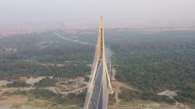 Drone View of Iconic Signature Bridge in Delhi, India