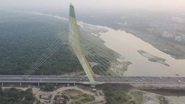 Aerial View of Iconic Signature Bridge Spanning Yamuna River