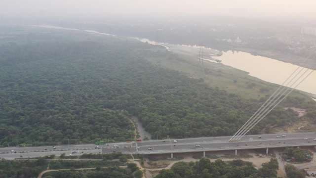 Aerial View of Signature Bridge Over Yamuna River in Delhi