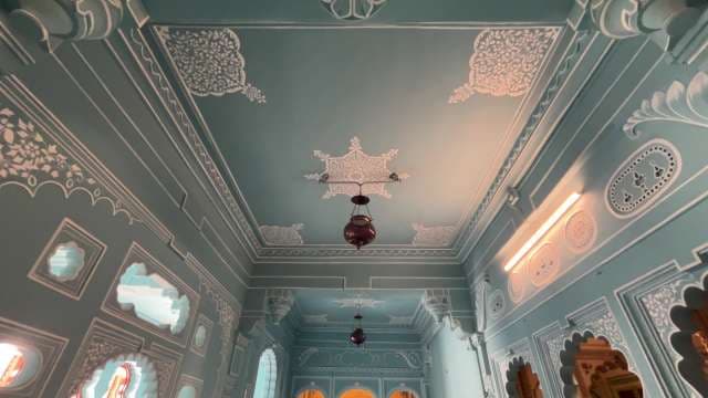 Stunning Blue Interior of Indian Palace With Ornate Ceiling