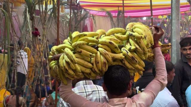 Vendor Carries Bananas at Vibrant Indian Market Festival