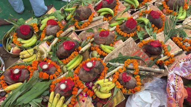 Traditional Hindu Puja Baskets Prepared for Festival Offering