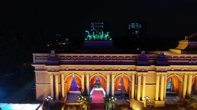 Nighttime EBISU Palace with Neon Sculpture Display