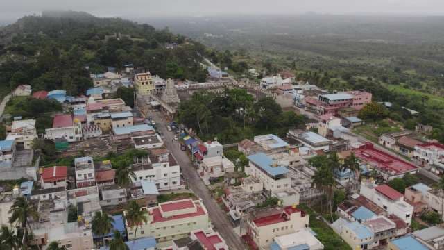 Aerial View of Hillside Village with Colorful Rooftops