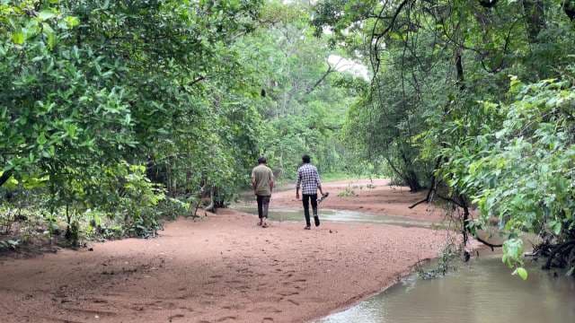 Two Boys Walking Through a Semi Dry Water Stream