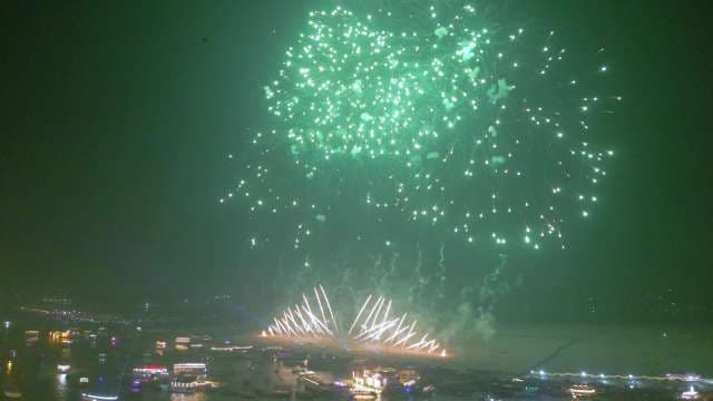 Spectacular Fireworks Display Over City Skyline at Night