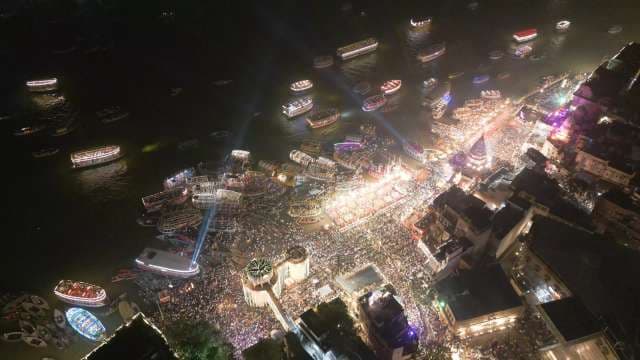 Varanasi Ghat Celebration at Night - Aerial View
