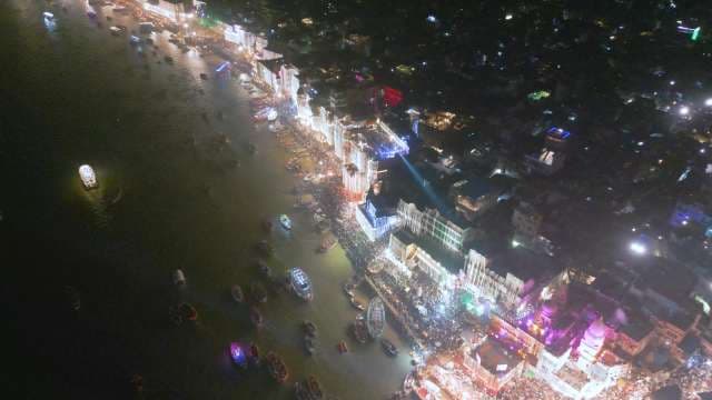Varanasi Ganges River Nighttime Aerial View