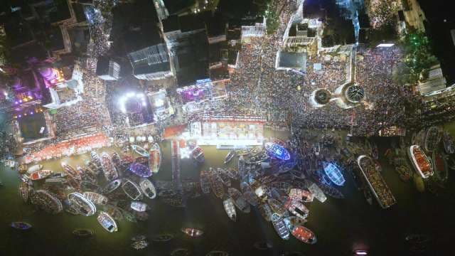 Aerial Night View of Vibrant Harbor Festival Celebration