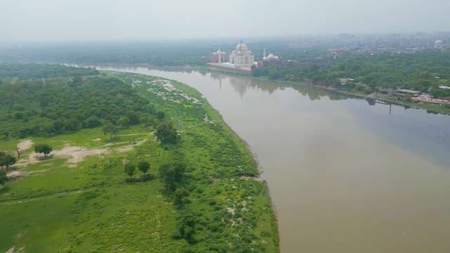 Taj Mahal Aerial View: Iconic Monument by the Yamuna River
