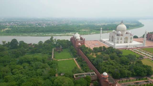 Taj Mahal Aerial View: India's Iconic White Marble Monument