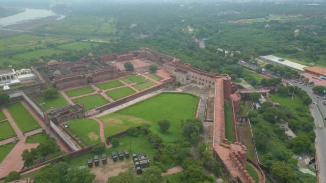 Agra Fort Aerial View: Mughal Architecture and Gardens
