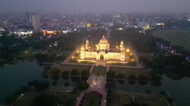 Aerial Night View of the Illuminated Victoria Memorial in Kolkata