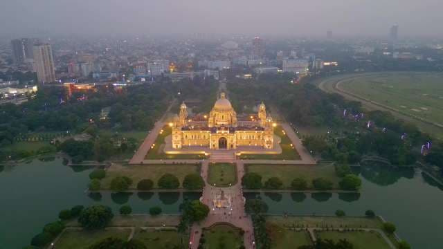 Majestic Illuminated Victoria Memorial Aerial View at Dusk in Kolkata
