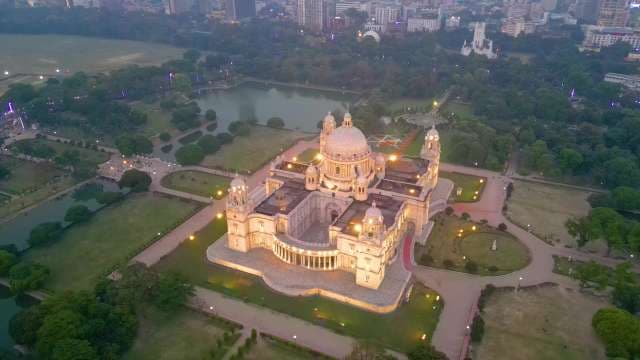Aerial Evening View of the Illuminated Victoria Memorial in Kolkata India