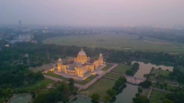 Aerial View of Illuminated Victoria Memorial in Kolkata at Twilight