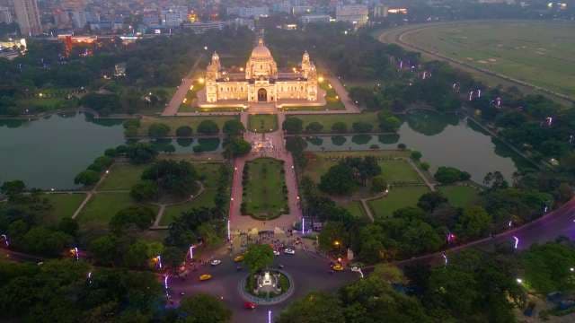 Stunning Aerial Evening View of Illuminated Victoria Memorial in Kolkata, India