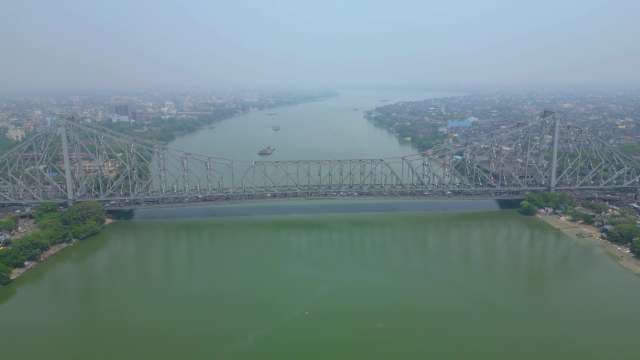 Iconic Howrah Bridge Aerial View Over Hooghly River in Kolkata