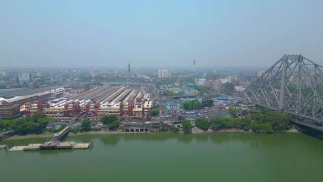 Panoramic Aerial View of Howrah Bridge and Station in Kolkata, India