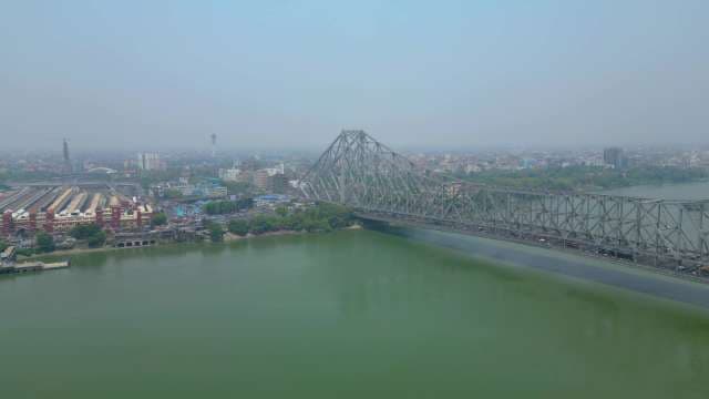 Iconic Howrah Bridge Aerial View over the Hooghly River in Kolkata