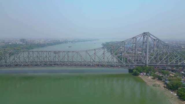Aerial View of the Iconic Howrah Bridge over Hooghly River, Kolkata