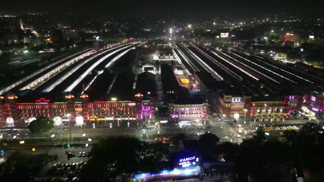 Stunning Night Aerial View of Howrah Railway Station in Kolkata