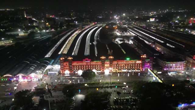 Stunning Aerial Night View of Howrah Railway Station in Kolkata