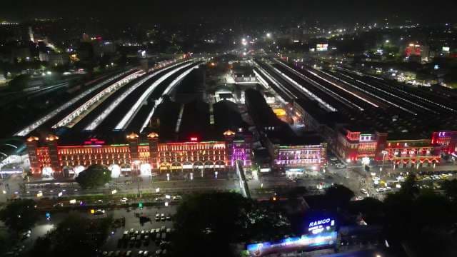 Stunning Night Aerial View of Howrah Junction Railway Station in Kolkata