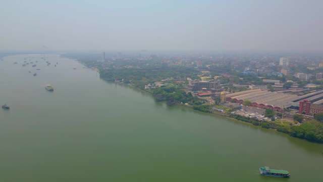 Aerial View of Hooghly River and Howrah City in Kolkata