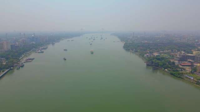 Panoramic Aerial View of the Hooghly River in Kolkata India