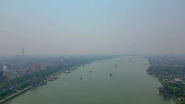 Aerial View of the Hooghly River and Cityscape in Kolkata
