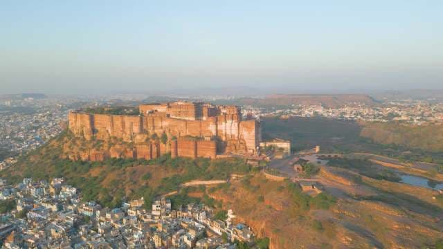 Majestic Aerial View of Mehrangarh Fort at Golden Hour in Jodhpur