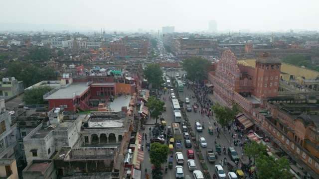 Aerial View of Hawa Mahal and the Bustling Pink City of Jaipur