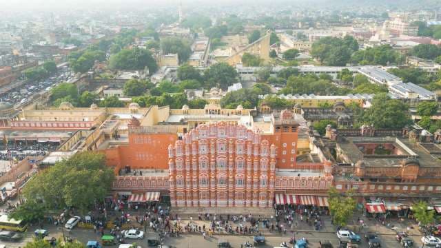 Iconic Hawa Mahal Palace Aerial View in the Pink City Jaipur