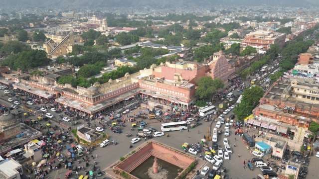 Aerial View of the Iconic Hawa Mahal and Busy Jaipur Streets