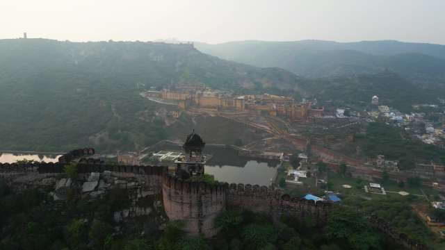Panoramic Aerial View of Majestic Amber Fort and Jaipur Fortifications
