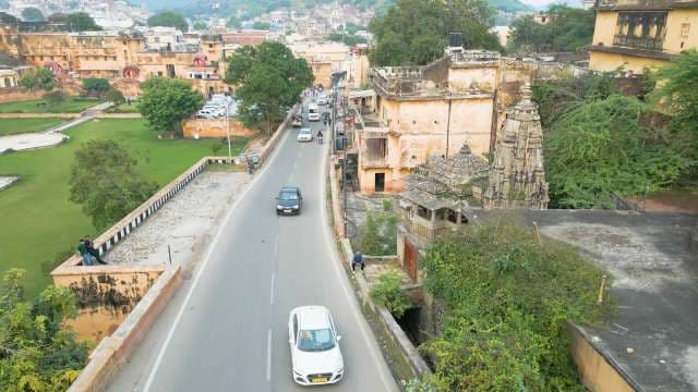 Aerial View of Scenic Road Near Historic Amer Fort in Jaipur