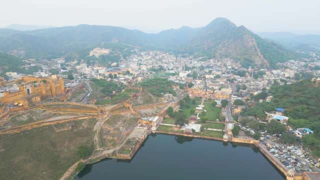 Majestic Aerial View of Amber Fort and Maota Lake in Jaipur