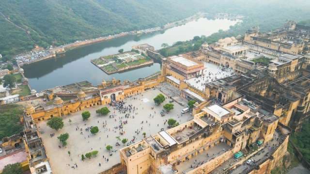 Majestic Aerial View of Amer Fort and Maota Lake in Jaipur