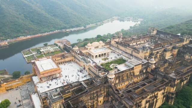 Majestic Aerial View of Amer Fort and Maota Lake in Jaipur