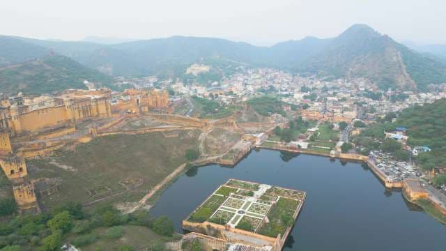 Majestic Aerial View of Amber Fort and Maota Lake in Jaipur